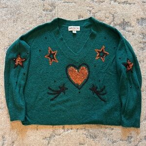 Wildfox Teal Sweater with Sequin Stars and Heart